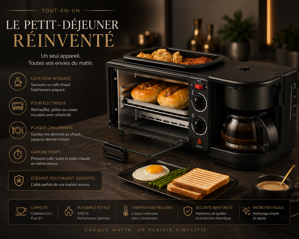 Centre Petit-Déjeuner 3-en-1 | Four + Plaque de Cuisson + Cafétière | 2800W | INOVALUX HOME™
