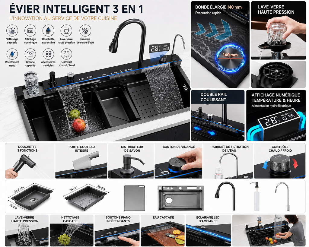 Évier Cuisine Multifonctions 7-en-1 | Inox 304 | Cascade & Purificateur | INOVALUX HOME™