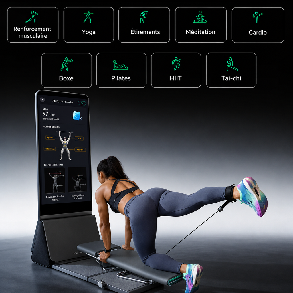 Machine de Sport Écran Connectée + Banc & Accessoires Tout-en-Un | Salle de Sport à Domicile | Coaching IA | INOVALUX HOME™