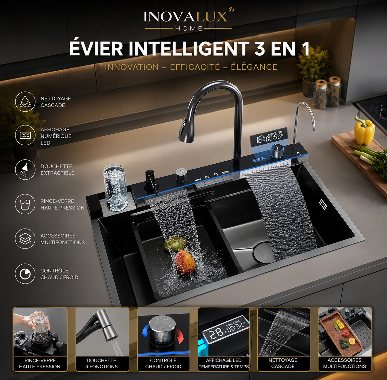 Évier Cuisine Multifonctions 7-en-1 | Inox 304 | Cascade & Purificateur | INOVALUX HOME™