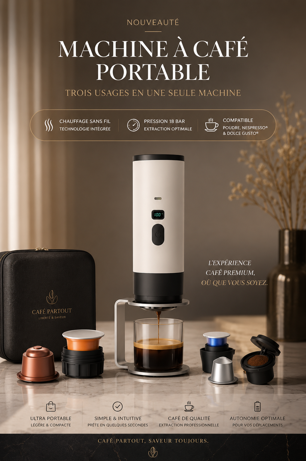 Cafétière Expresso Électrique Portable 2-en-1 | Batterie 7800 mAh | Café Moulu & Capsules | INOVALUX HOME™