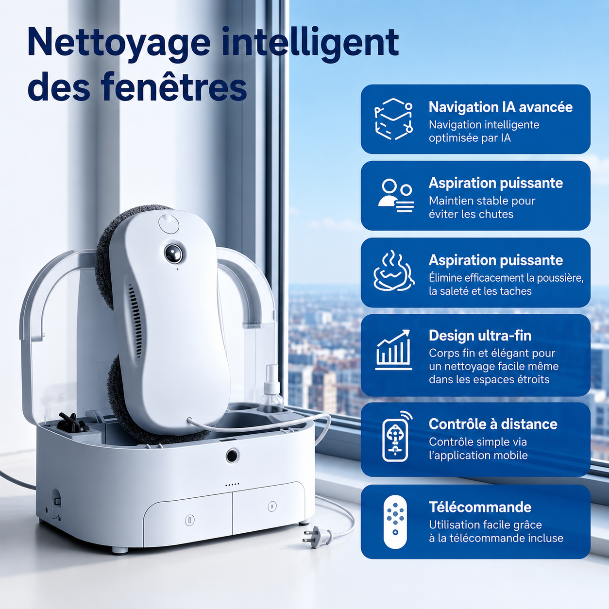 Robot Lave-Vitres Intelligent Automatique IA | Double Pulvérisation | Télécommande & Application | Version 2 INOVALUX HOME™