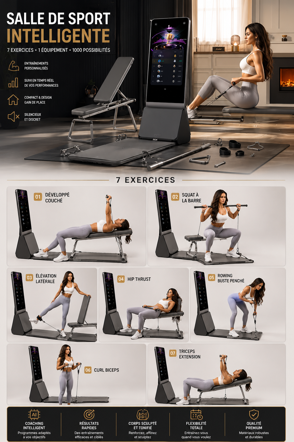 Machine de Sport Écran Connectée + Banc & Accessoires Tout-en-Un | Salle de Sport à Domicile | Coaching IA | INOVALUX HOME™