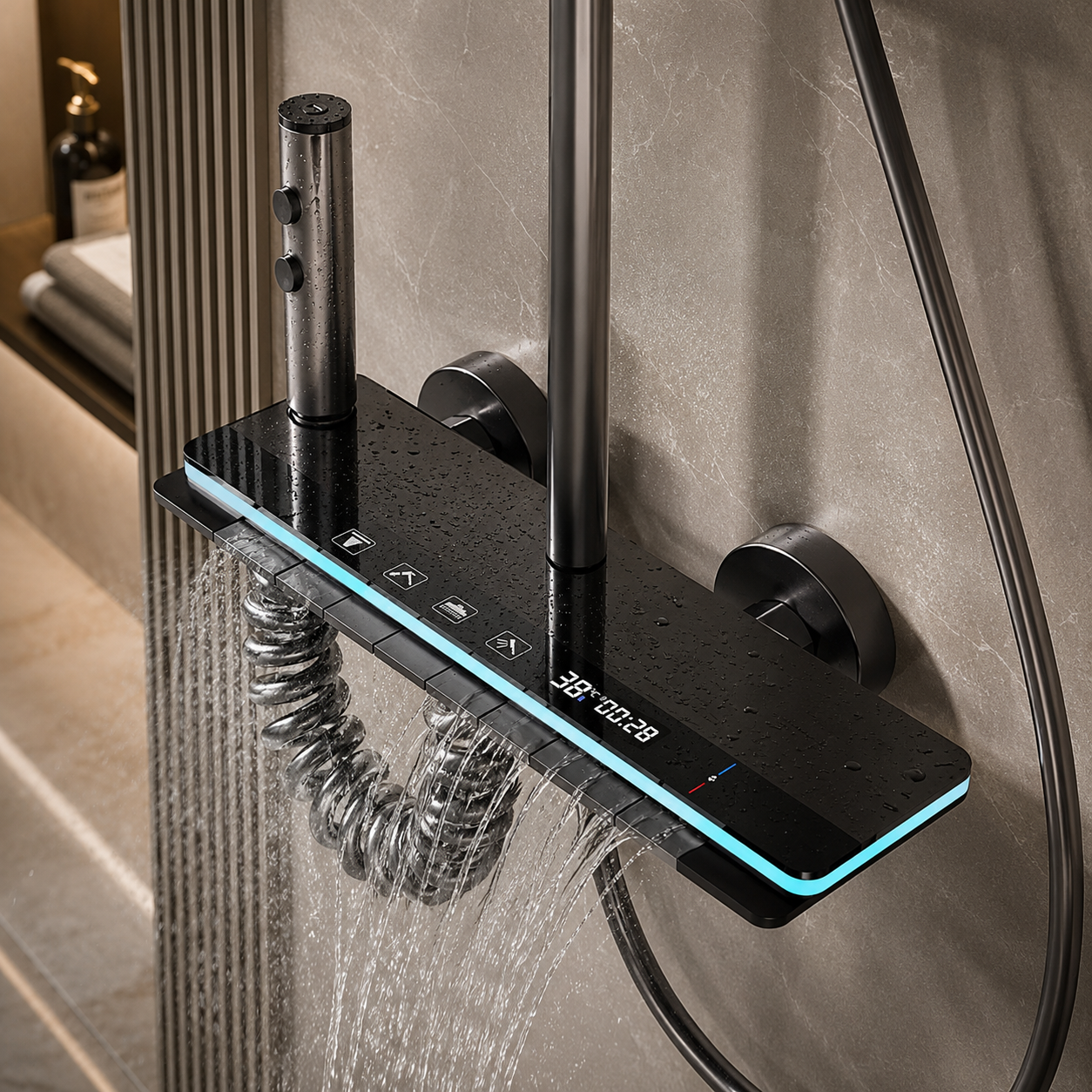 Colonne de Douche Thermostatique LED Premium | Pommeau 300mm | Finition Gunmetal | INOVALUX HOME