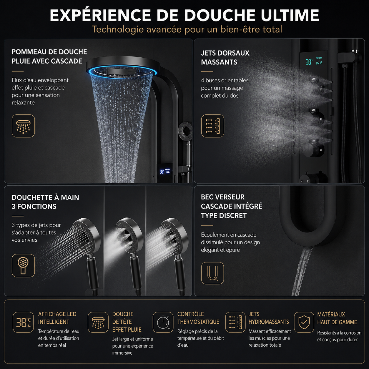 Colonne de Douche Intelligente Effet Spa | Inox Premium | 5 Fonctions | INOVALUX HOME™