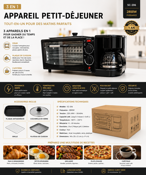 Centre Petit-Déjeuner 3-en-1 | Four + Plaque de Cuisson + Cafétière | 2800W | INOVALUX HOME™