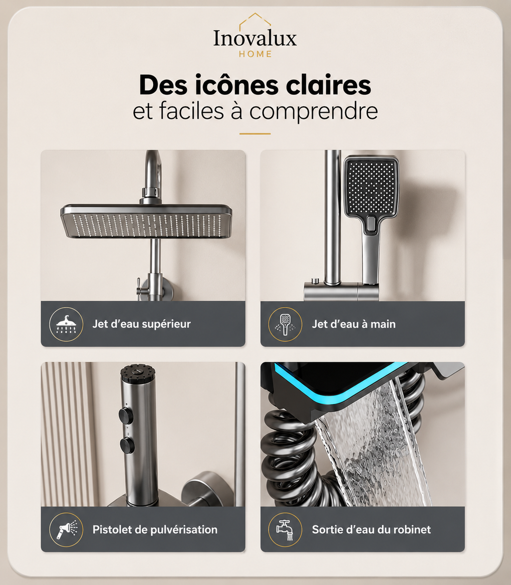 Colonne de Douche Thermostatique LED Premium | Pommeau 300mm | Finition Gunmetal | INOVALUX HOME