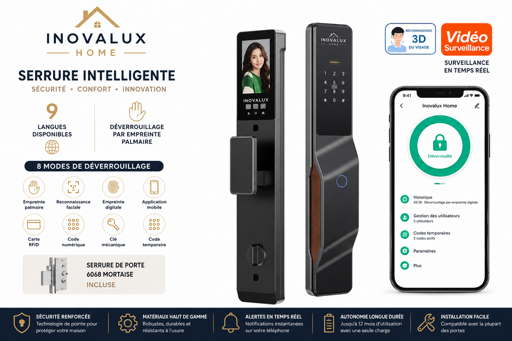 Serrure Connectée Intelligente 8-en-1 | Reconnaissance Faciale & Empreinte Digitale | INOVALUX HOME™