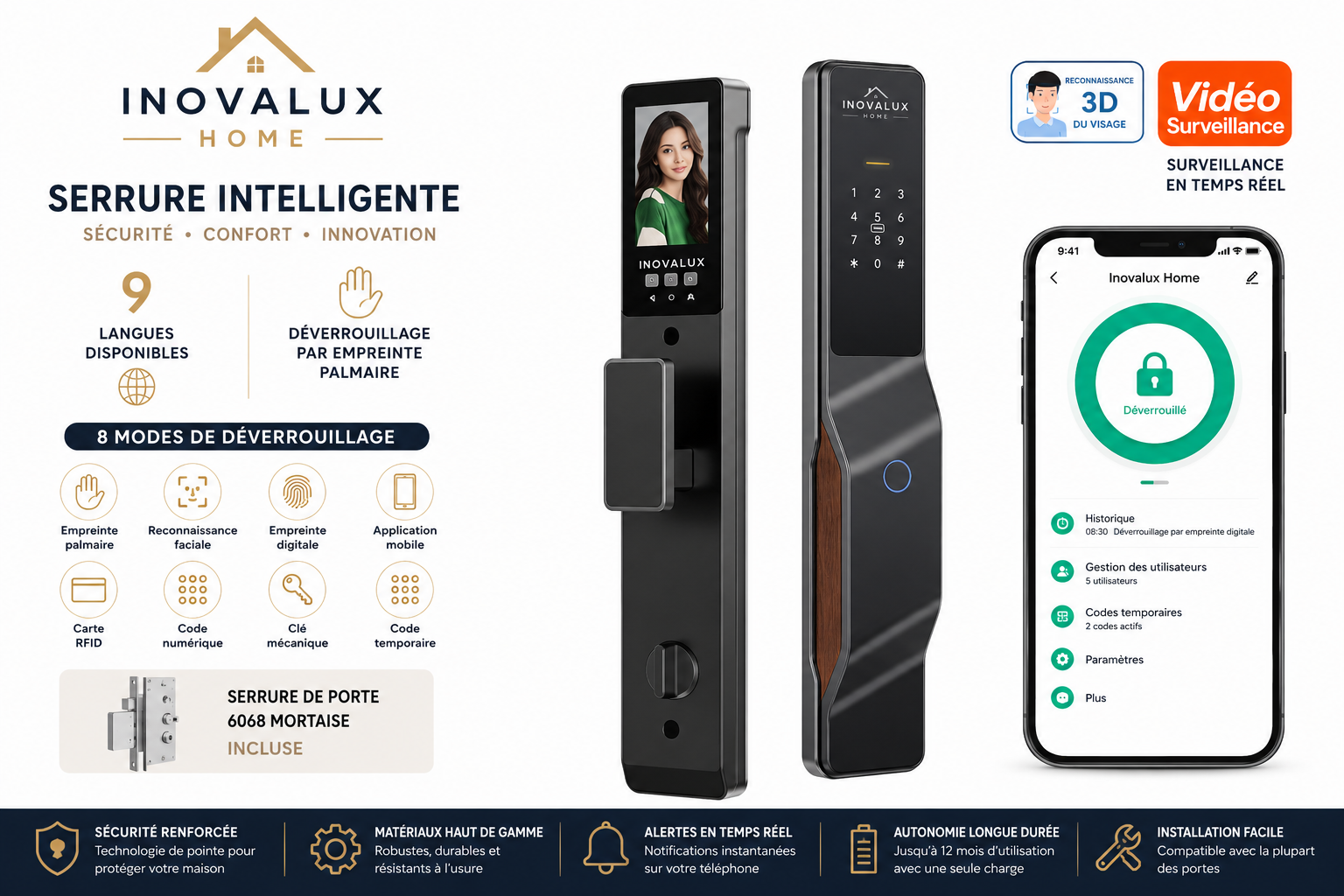 Serrure Connectée Intelligente 8-en-1 | Reconnaissance Faciale & Empreinte Digitale | INOVALUX HOME™