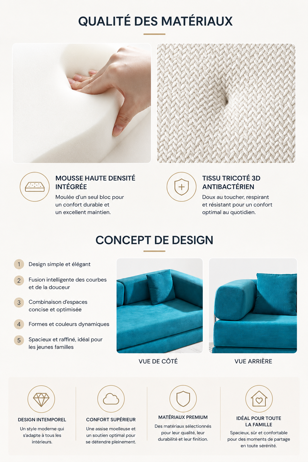 Canapé Modulable Convertible 3-en-1 Premium | Tissu Côtelé | Méridienne & Lit | INOVALUX HOME™