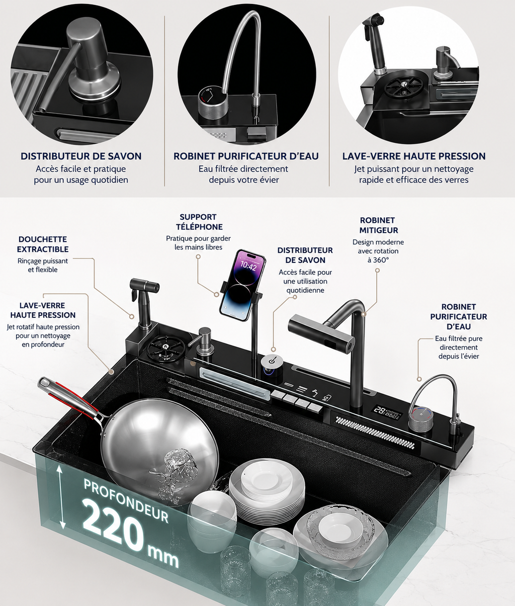 Évier Cuisine Intelligent Multifonctions 11-en-1 | Inox SUS304 | Support Téléphone 360° | INOVALUX HOME™