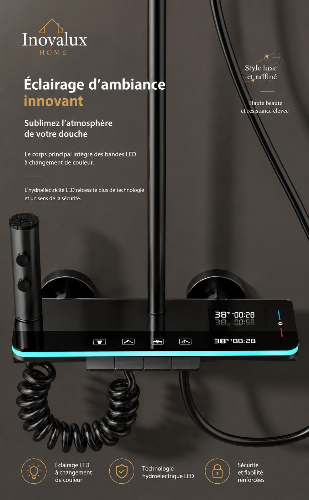 Colonne de Douche Thermostatique LED Premium | Pommeau 300mm | Finition Gunmetal | INOVALUX HOME