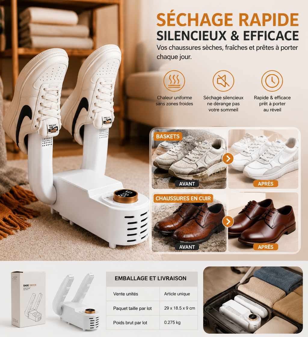 Sèche-Chaussures Électrique Intelligent | Séchage 360° | Silencieux & Portable | INOVALUX HOME™