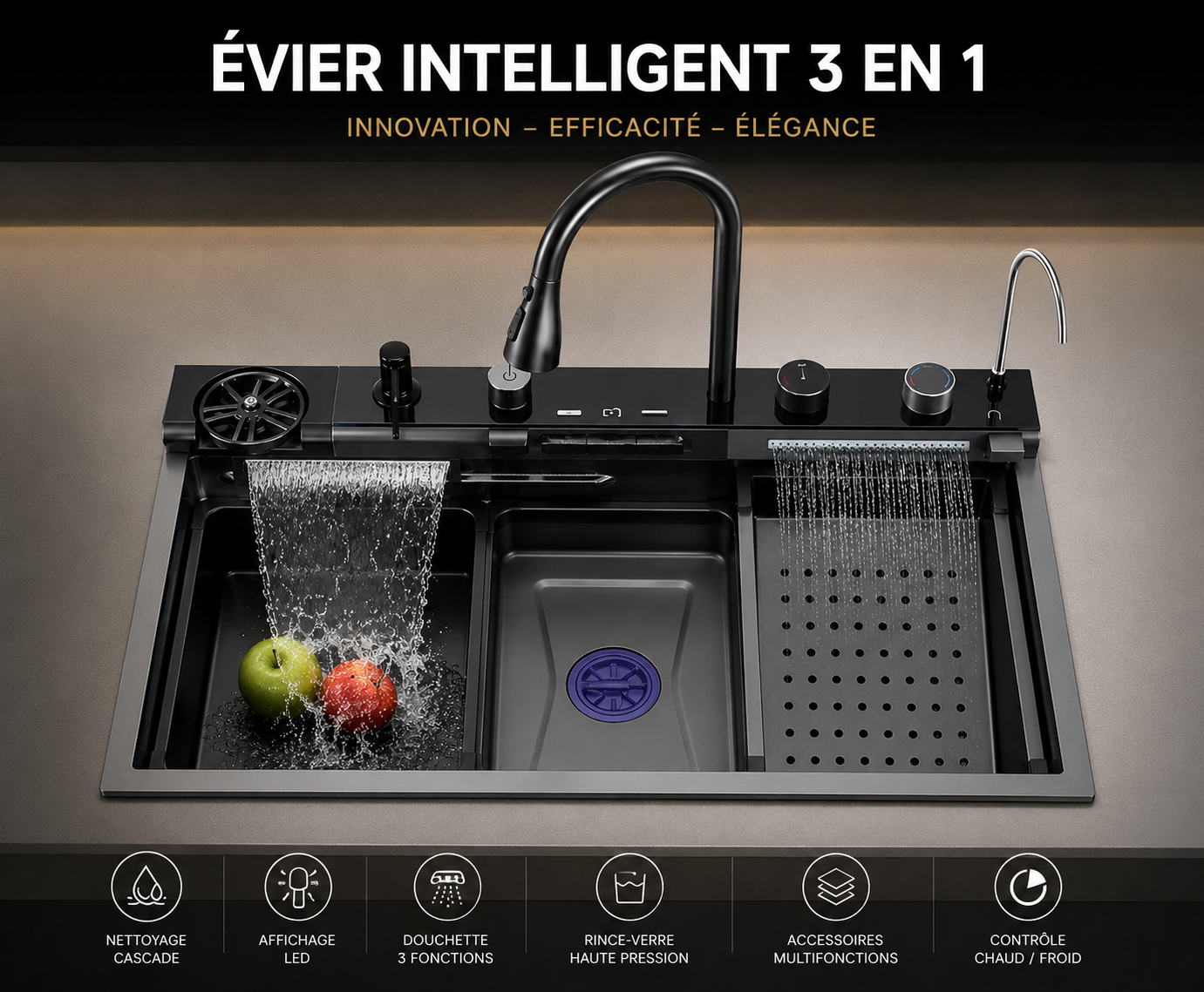 Évier Cuisine Multifonctions 7-en-1 | Inox 304 | Cascade & Purificateur | INOVALUX HOME™