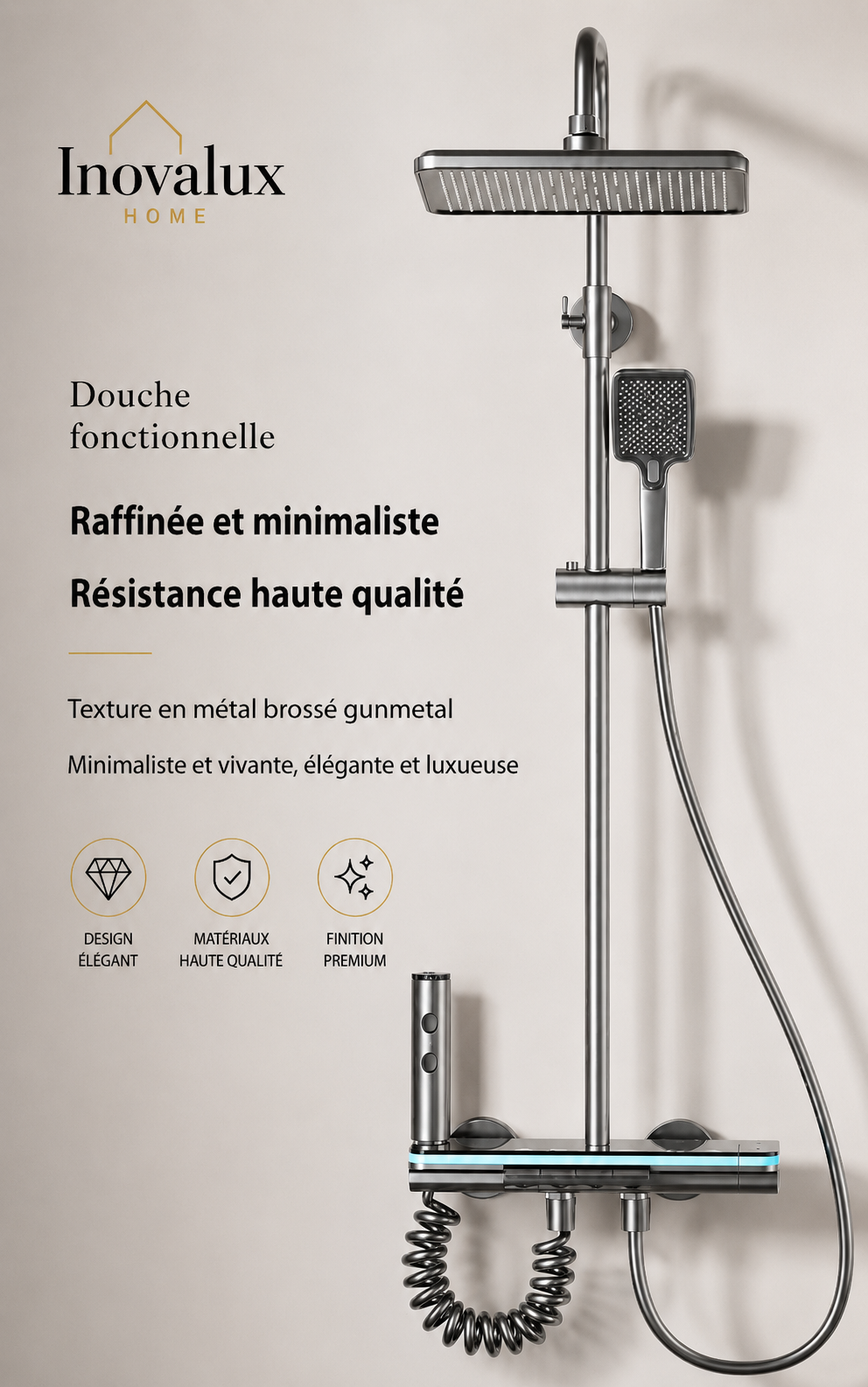 Colonne de Douche Thermostatique LED Premium | Pommeau 300mm | Finition Gunmetal | INOVALUX HOME