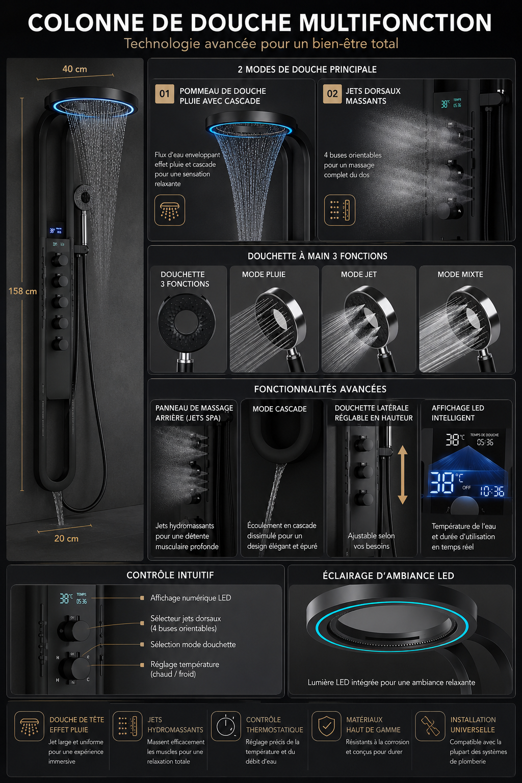 Colonne de Douche Intelligente Effet Spa | Inox Premium | 5 Fonctions | INOVALUX HOME™