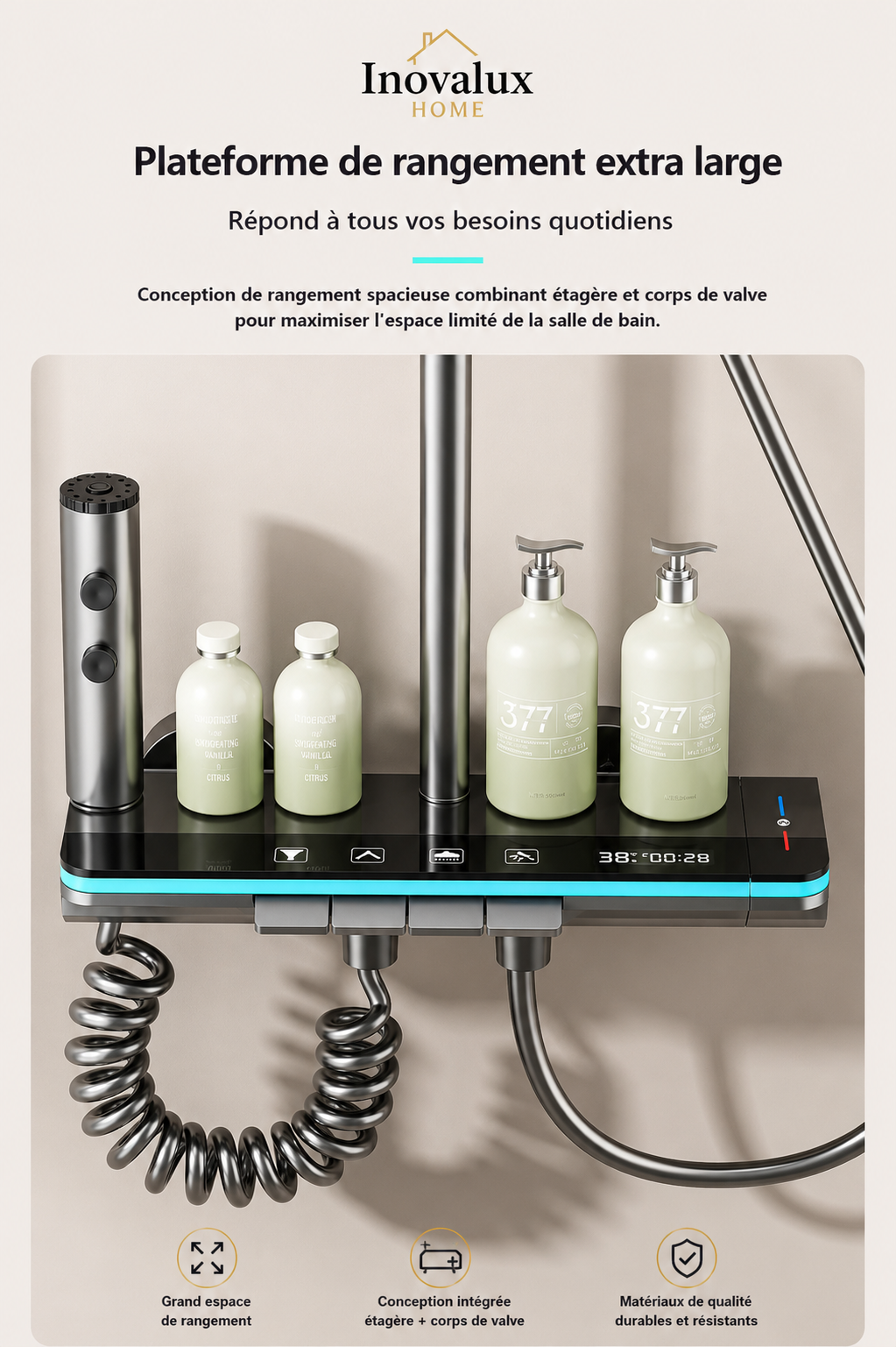 Colonne de Douche Thermostatique LED Premium | Pommeau 300mm | Finition Gunmetal | INOVALUX HOME