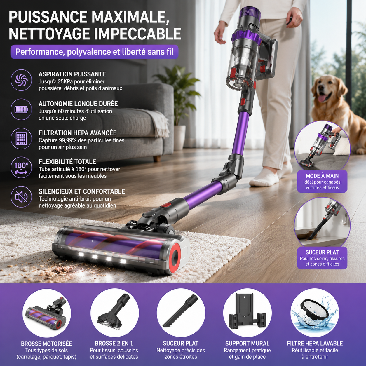 Aspirateur Sans Fil Intelligent 480W | Filtre HEPA | Capteur Infrarouge & LED | INOVALUX HOME™