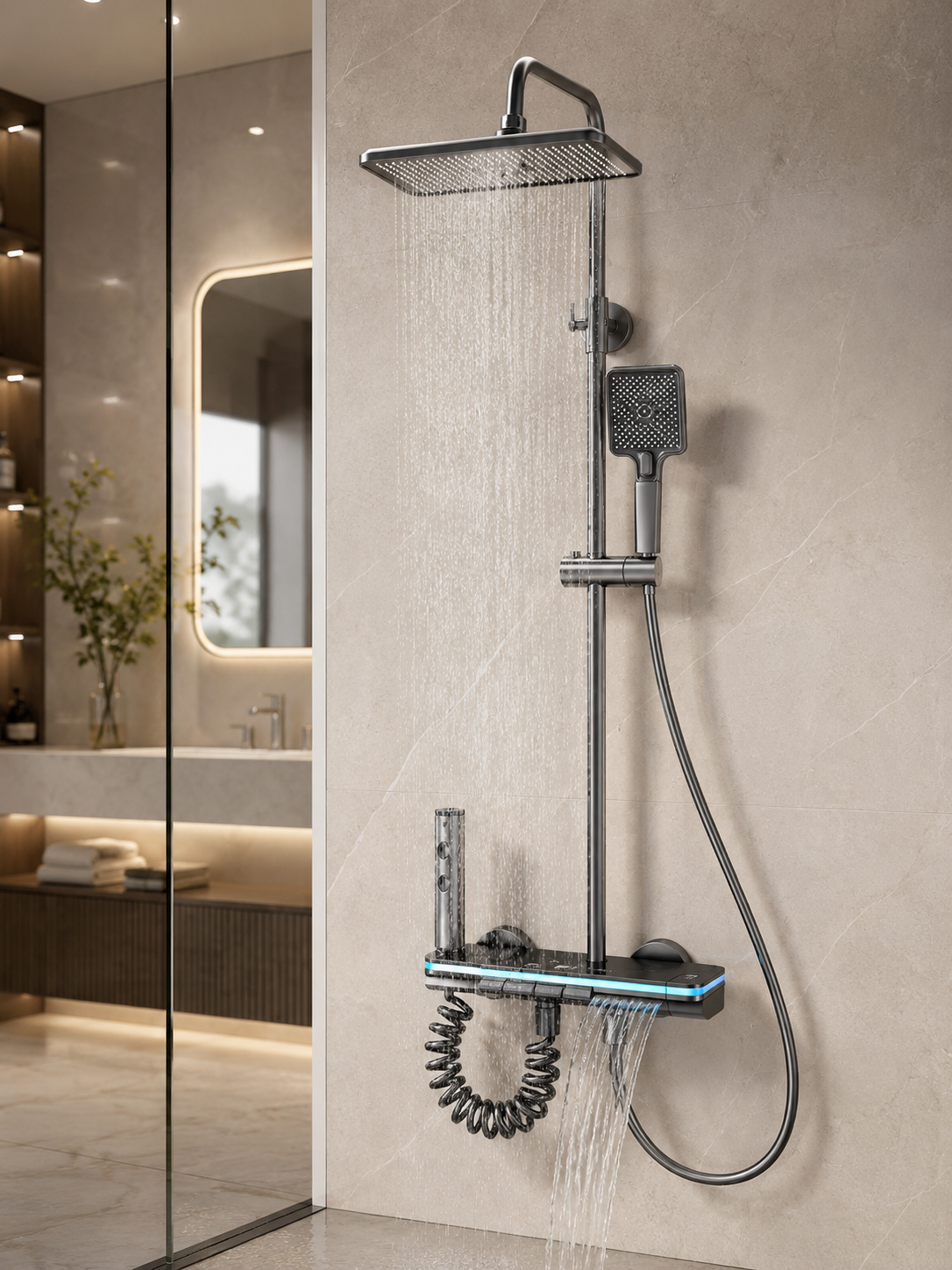 Colonne de Douche Thermostatique LED Premium | Pommeau 300mm | Finition Gunmetal | INOVALUX HOME