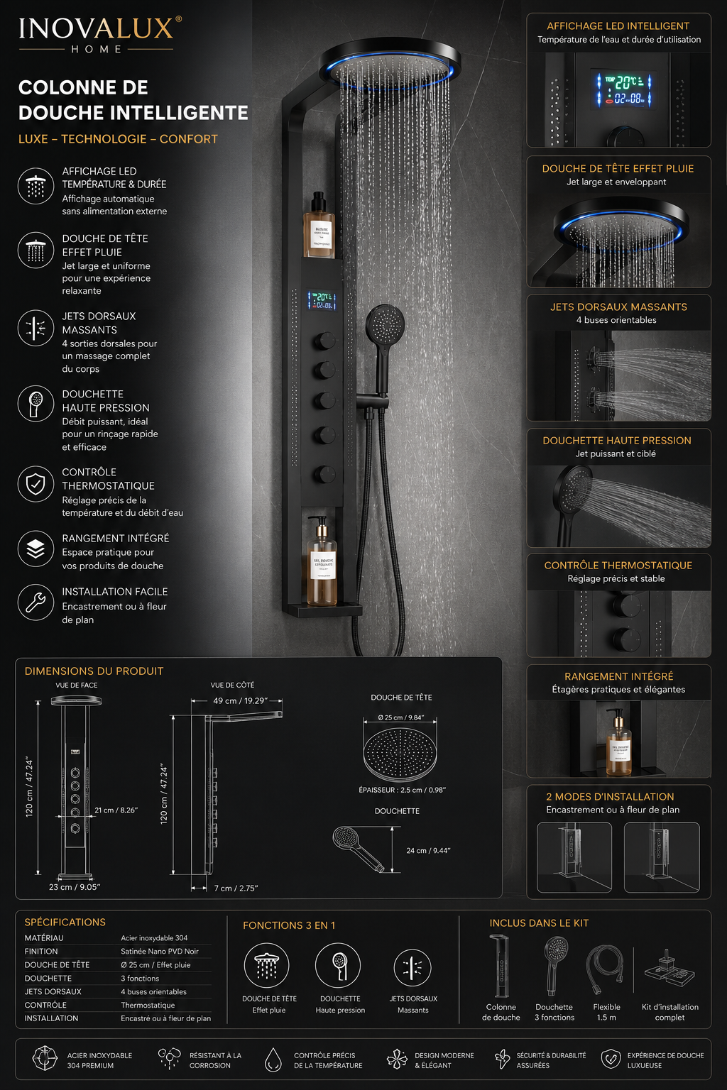Colonne de Douche Intelligente Effet Spa | Inox Premium | 5 Fonctions | INOVALUX HOME™