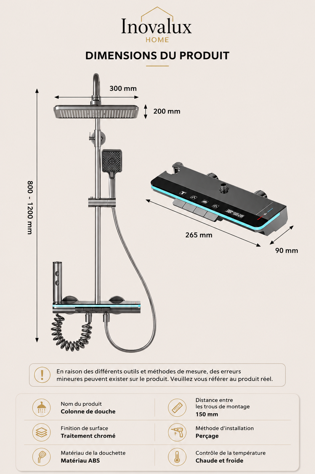Colonne de Douche Thermostatique LED Premium | Pommeau 300mm | Finition Gunmetal | INOVALUX HOME