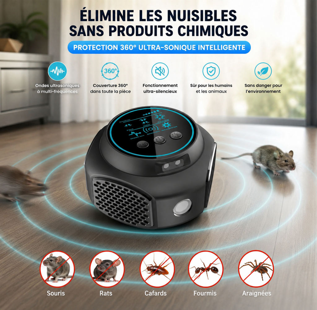 Répulsif Ultrasonique Anti-Nuisibles | Fréquence Variable 20–45 kHz | Sans Produit Chimique | INOVALUX HOME™