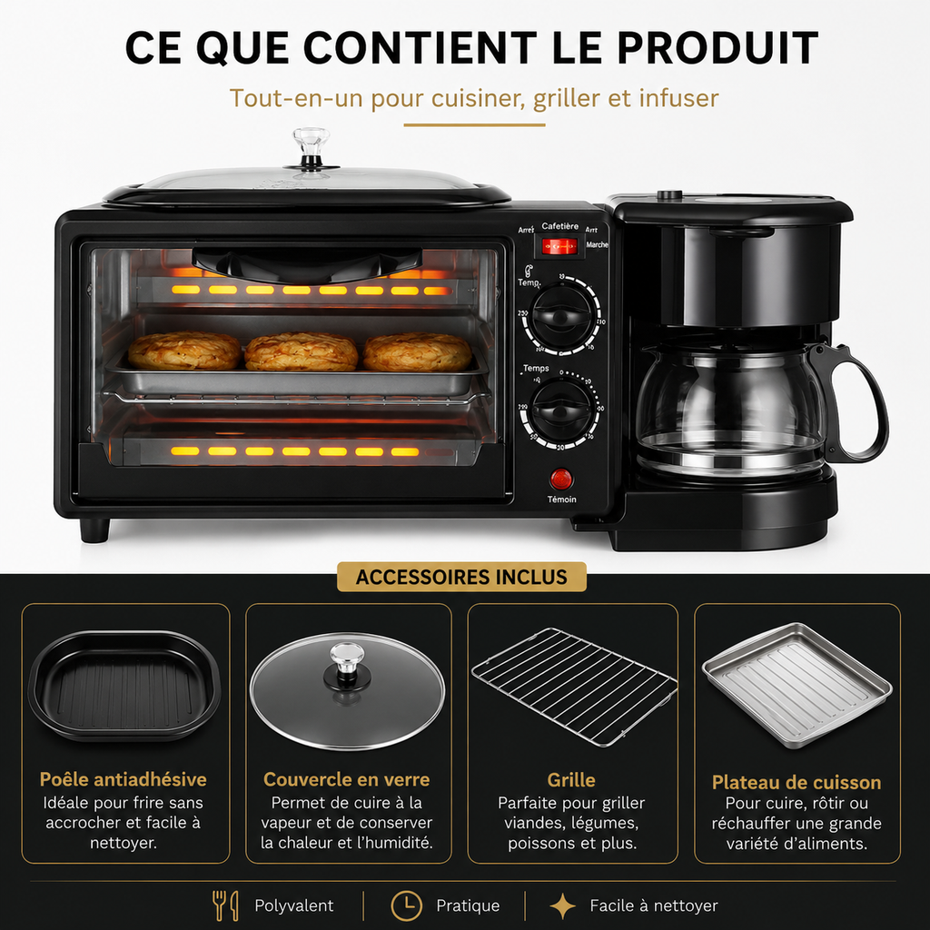 Centre Petit-Déjeuner 3-en-1 | Four + Plaque de Cuisson + Cafétière | 2800W | INOVALUX HOME™