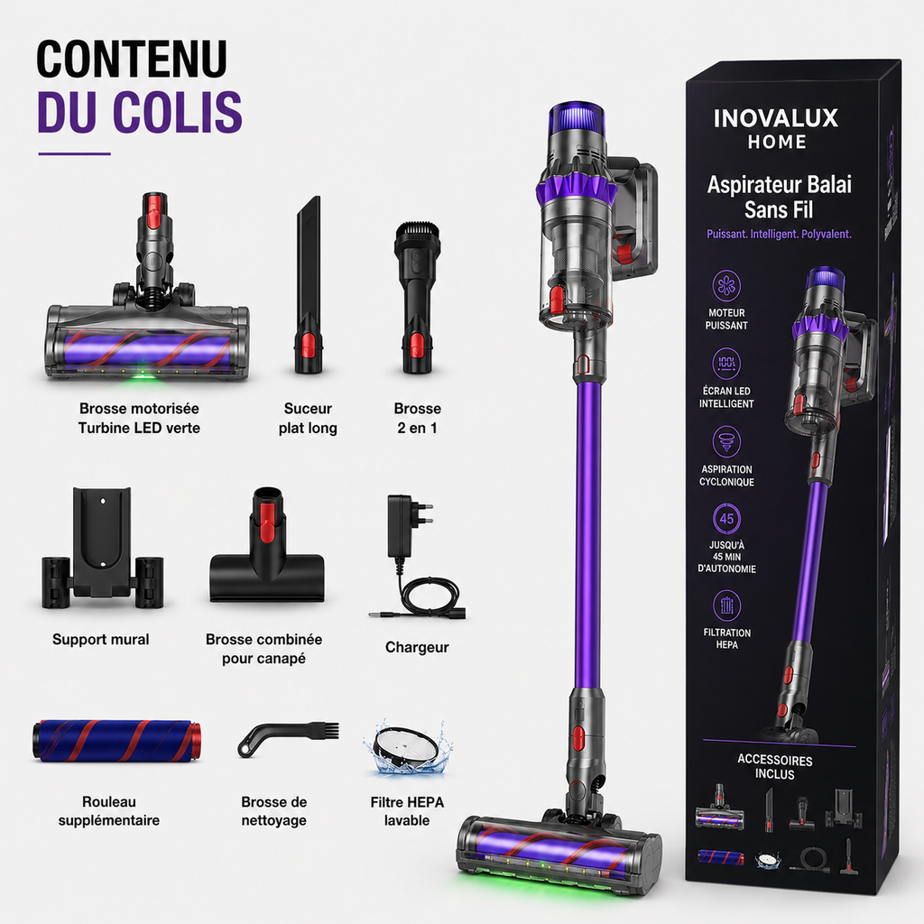 Aspirateur Sans Fil Intelligent 480W | Filtre HEPA | Capteur Infrarouge & LED | INOVALUX HOME™