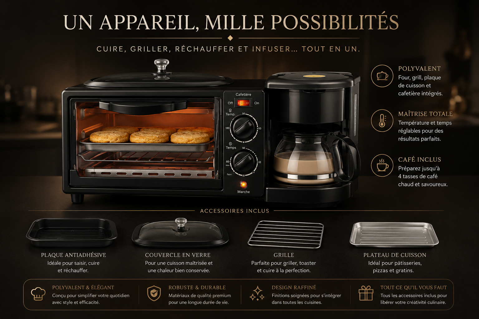 Centre Petit-Déjeuner 3-en-1 | Four + Plaque de Cuisson + Cafétière | 2800W | INOVALUX HOME™