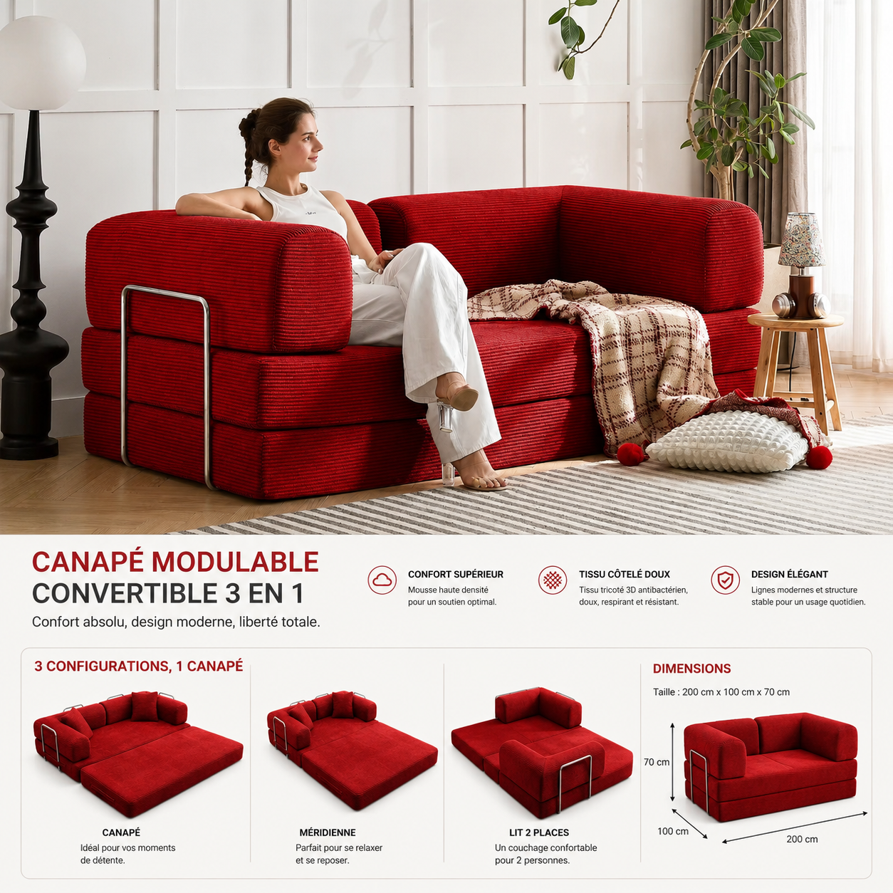 Canapé Modulable Convertible 3-en-1