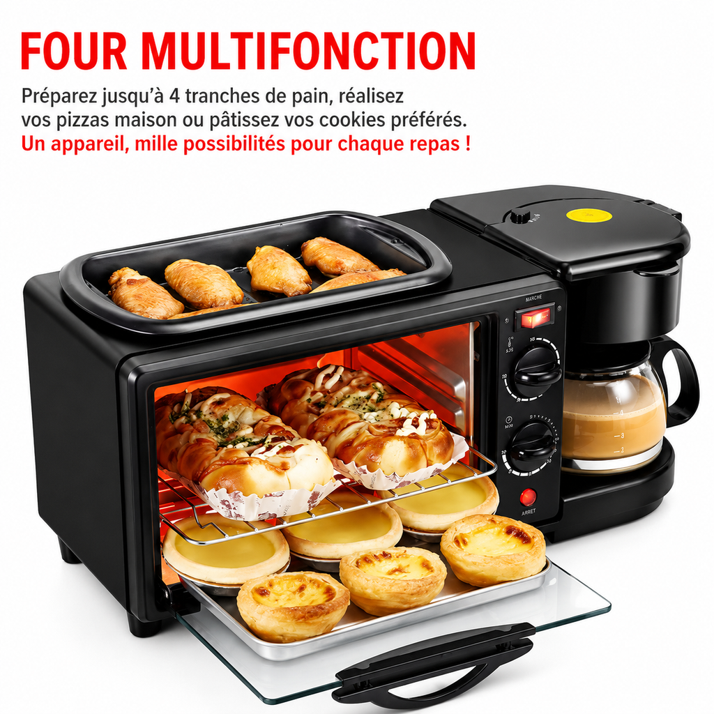 Centre Petit-Déjeuner 3-en-1 | Four + Plaque de Cuisson + Cafétière | 2800W | INOVALUX HOME™
