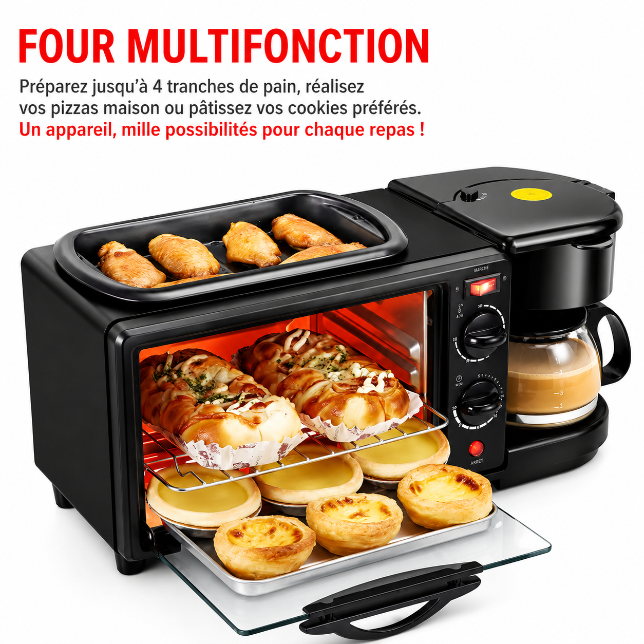 Centre Petit-Déjeuner 3-en-1 | Four + Plaque de Cuisson + Cafétière | 2800W | INOVALUX HOME™