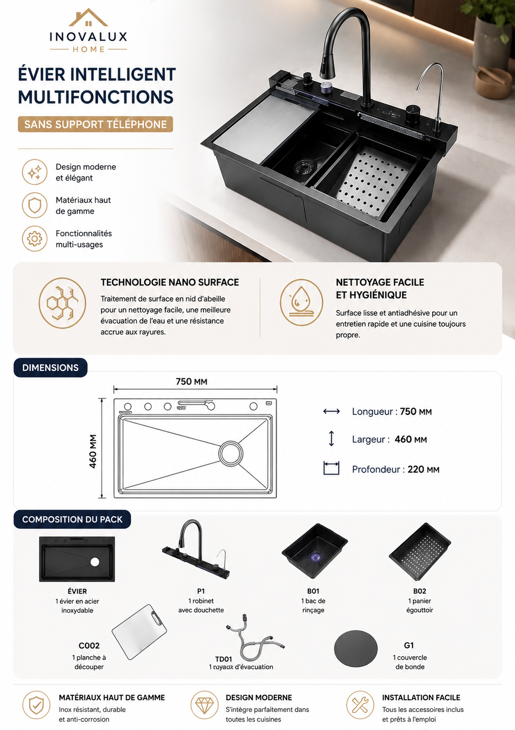 Évier Cuisine Multifonctions 7-en-1 | Inox 304 | Cascade & Purificateur | INOVALUX HOME™