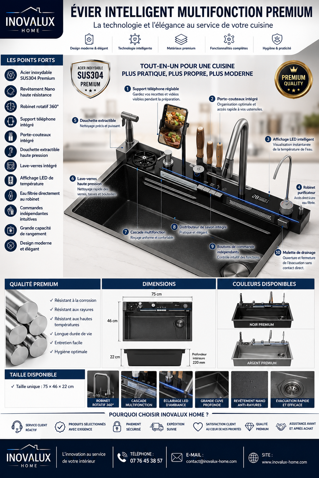 Évier Cuisine Intelligent Multifonctions 11-en-1 | Inox SUS304 | Support Téléphone 360° | INOVALUX HOME™